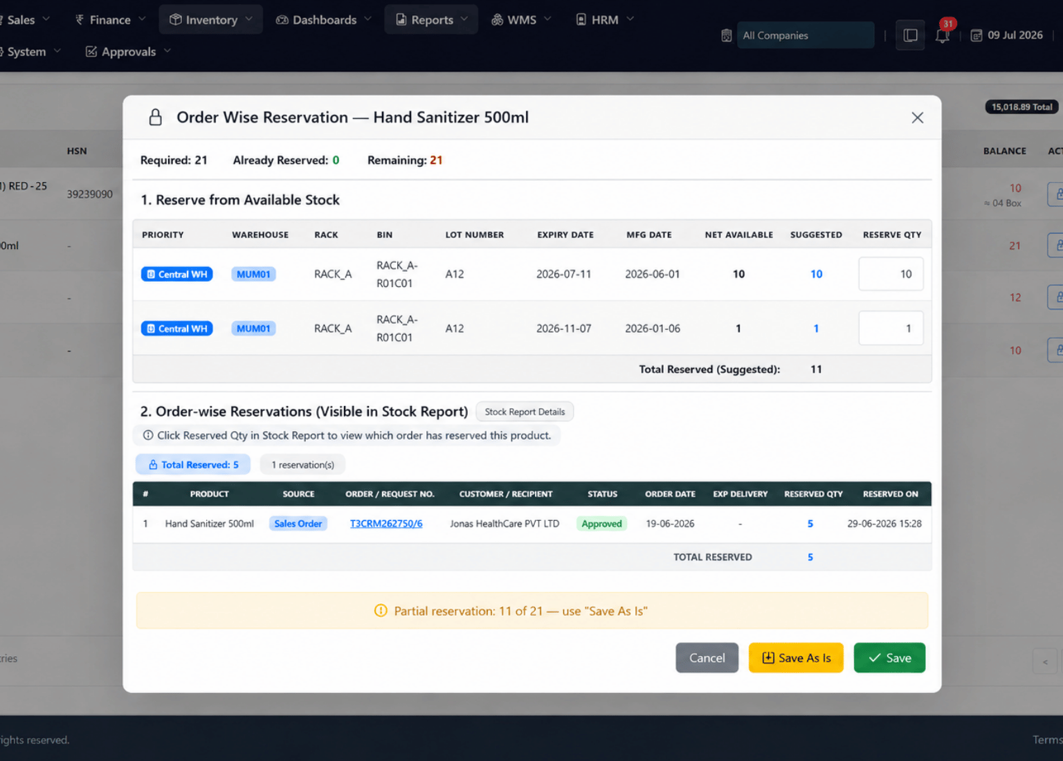 Sales order reservation, dispatch, invoicing and returns management in pharma ERP
